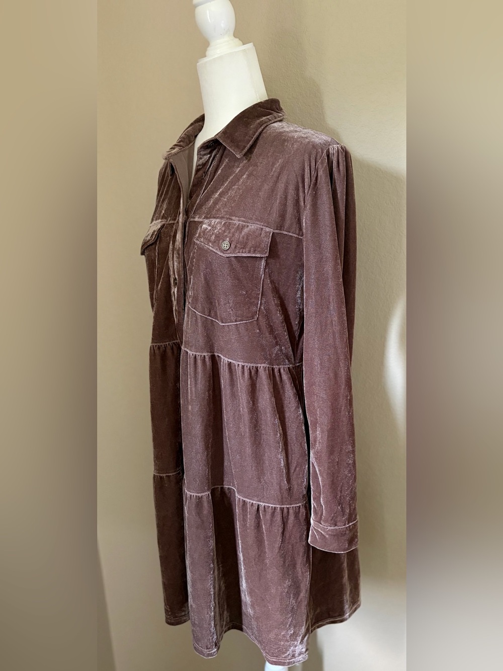 Umgee Mauve Velvet Tiered Shirt Dress Button Front Long Sleeve Size S - Picture 7 of 10